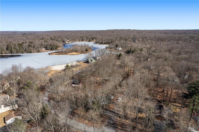 aerial view featuring a view of trees and a water view