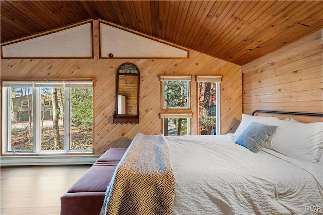 bedroom with wood walls, wood ceiling, and lofted ceiling