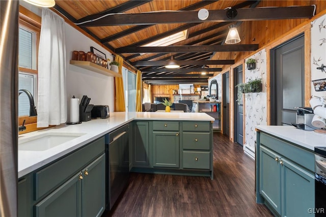 kitchen with green cabinets, dishwasher, light countertops, lofted ceiling with beams, and a sink