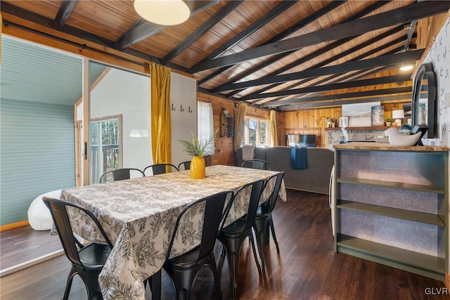 dining room with wood ceiling, wooden walls, vaulted ceiling with beams, and wood finished floors