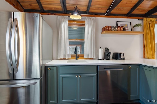 kitchen featuring open shelves, a sink, stainless steel appliances, light countertops, and wood ceiling