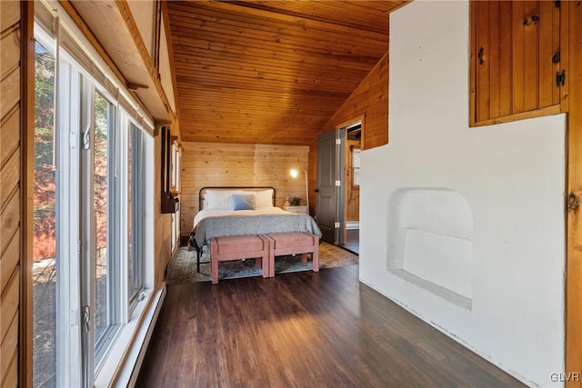 bedroom with dark wood finished floors, wood walls, wood ceiling, and lofted ceiling