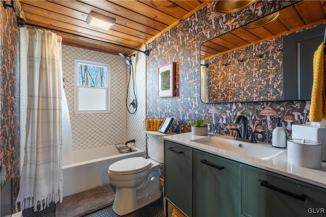 full bath featuring wallpapered walls, toilet, wood ceiling, shower / tub combo, and vanity