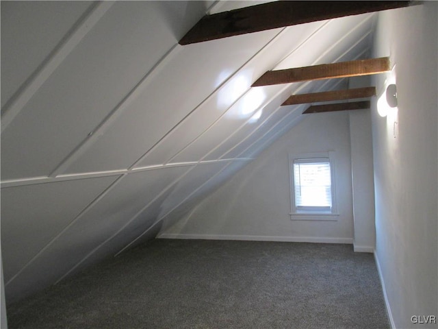 bonus room featuring lofted ceiling with beams, baseboards, and carpet floors