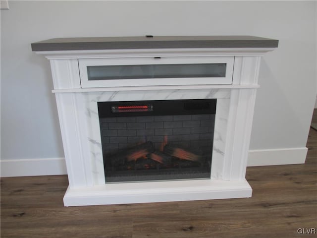 details featuring wood finished floors, baseboards, and a high end fireplace