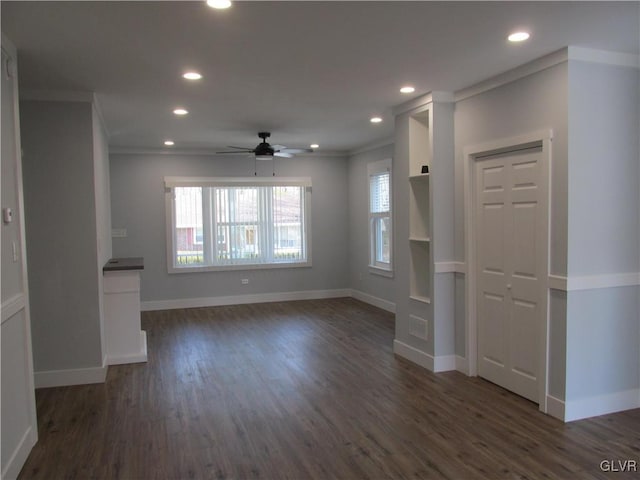 unfurnished living room with recessed lighting, crown molding, ceiling fan, and dark wood-style flooring