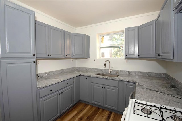 kitchen with gray cabinets, a sink, gas range gas stove, dark wood-style floors, and crown molding