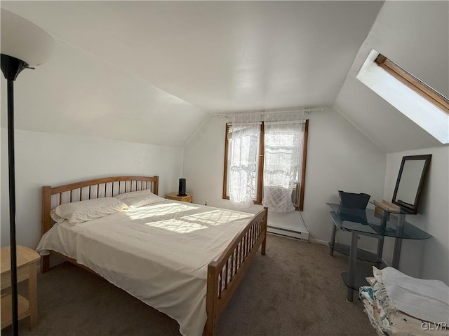 carpeted bedroom featuring lofted ceiling with skylight and a baseboard heating unit