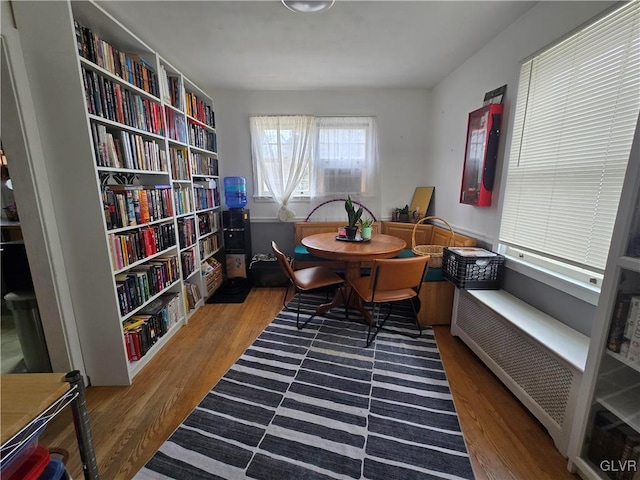 office space featuring wood finished floors and radiator heating unit