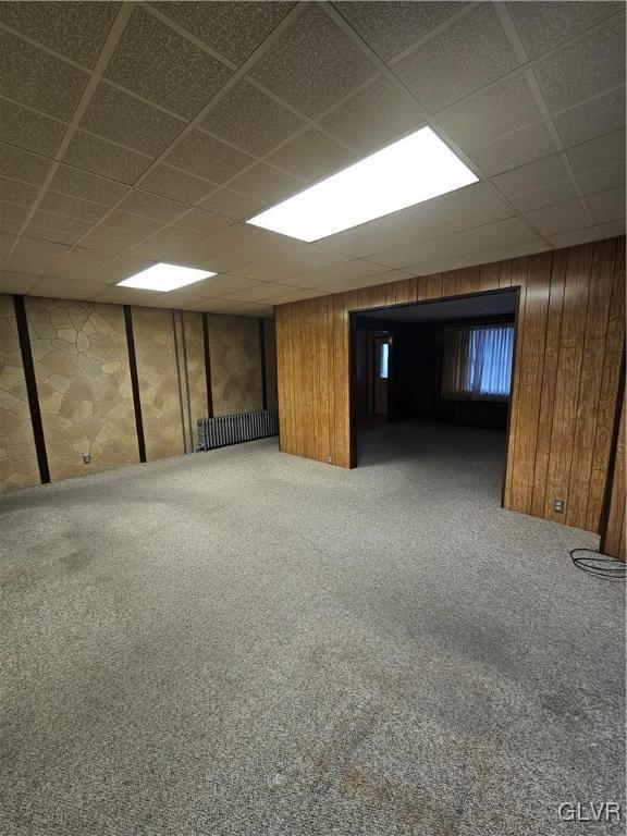 finished basement featuring wooden walls and carpet floors