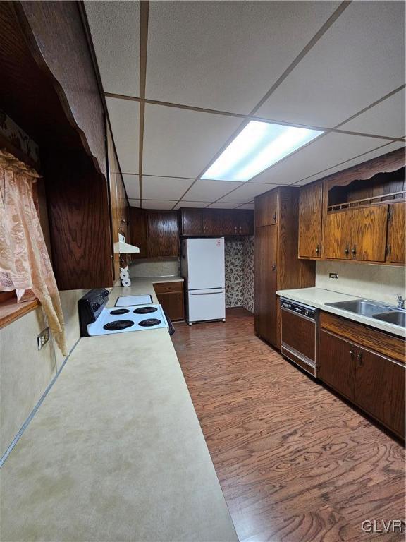 kitchen with white appliances, a sink, light countertops, dark wood-type flooring, and a paneled ceiling