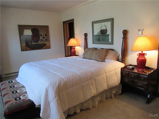 carpeted bedroom with a baseboard radiator