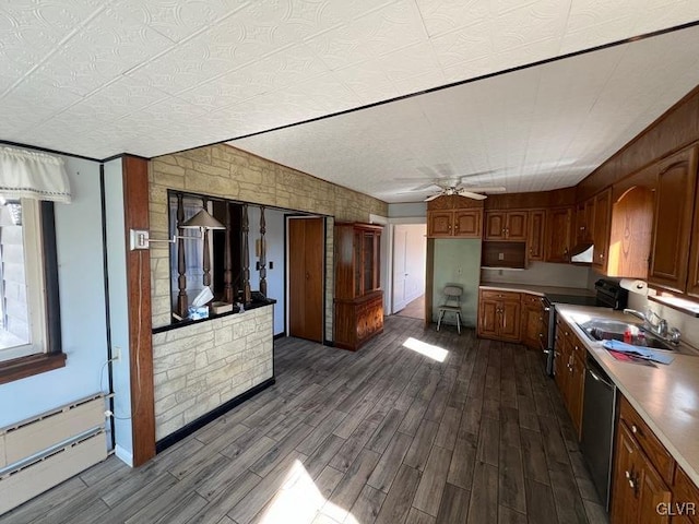 kitchen featuring a ceiling fan, a baseboard heating unit, stainless steel dishwasher, electric range oven, and wood tiled floor