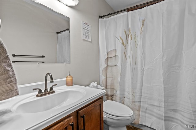 bathroom featuring toilet, vanity, and a shower with curtain