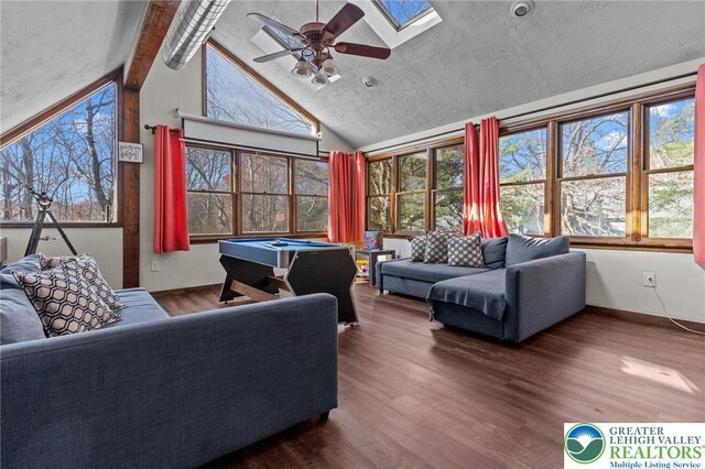 156 Poplar Pl, Tunkhannock Township, PA 18610 - living room featuring billiards, ceiling fan, wood finished floors, and a healthy amount of sunlight