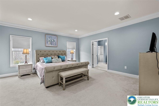 255 Rising Meadow Way E, Stroudsburg, PA 18302 - bedroom with ornamental molding, light carpet, recessed lighting, and ensuite bathroom