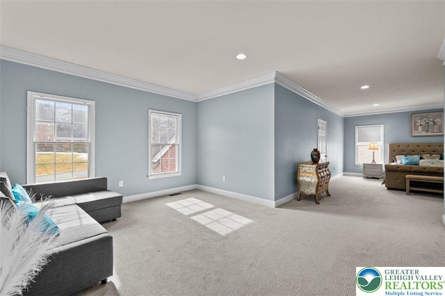 255 Rising Meadow Way E, Stroudsburg, PA 18302 - living room with carpet, crown molding, and recessed lighting