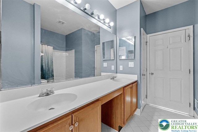 255 Rising Meadow Way E, Stroudsburg, PA 18302 - bathroom with tile patterned flooring, double vanity, and a shower with curtain