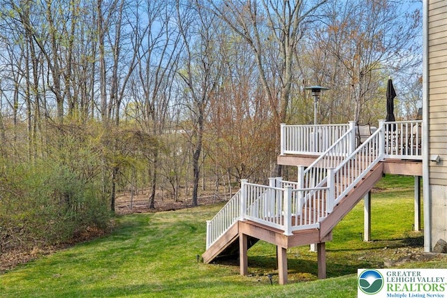 255 Rising Meadow Way E, Stroudsburg, PA 18302 - view of grassy yard with stairs and a deck