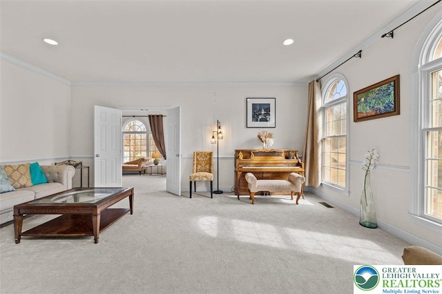 255 Rising Meadow Way E, Stroudsburg, PA 18302 - carpeted living room featuring crown molding, healthy amount of natural light, and recessed lighting