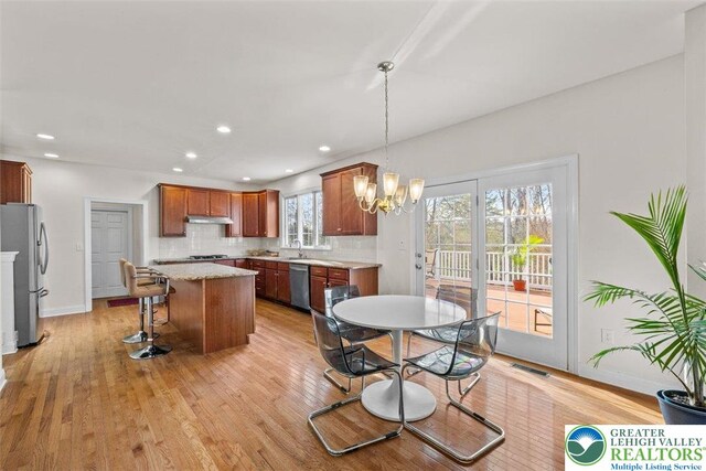 255 Rising Meadow Way E, Stroudsburg, PA 18302 - kitchen with stainless steel appliances, under cabinet range hood, a center island, a chandelier, and light wood-type flooring