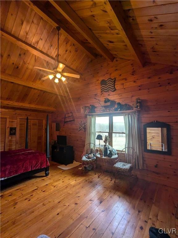 2533 Williams Rd, Moore Twp, PA 18014 - bedroom featuring wooden walls, wood ceiling, vaulted ceiling with beams, and wood-type flooring