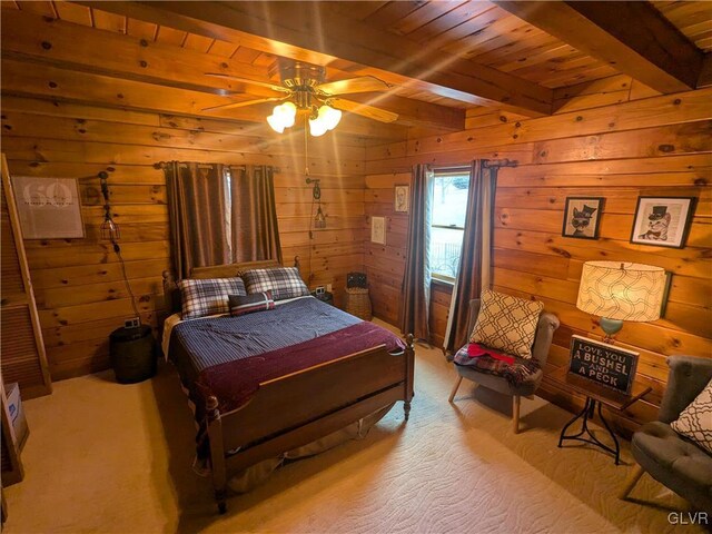 2533 Williams Rd, Moore Twp, PA 18014 - bedroom with wooden walls, beam ceiling, carpet flooring, and wood ceiling