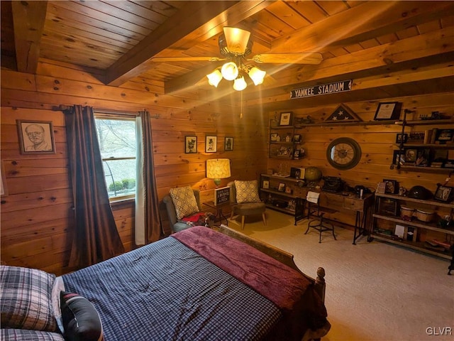 2533 Williams Rd, Moore Twp, PA 18014 - bedroom featuring wooden walls, carpet floors, and beamed ceiling