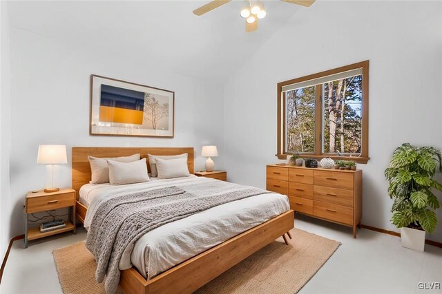 367 Saunders Dr, Lehman Twp, PA 18324 - bedroom featuring baseboards, vaulted ceiling, and a ceiling fan