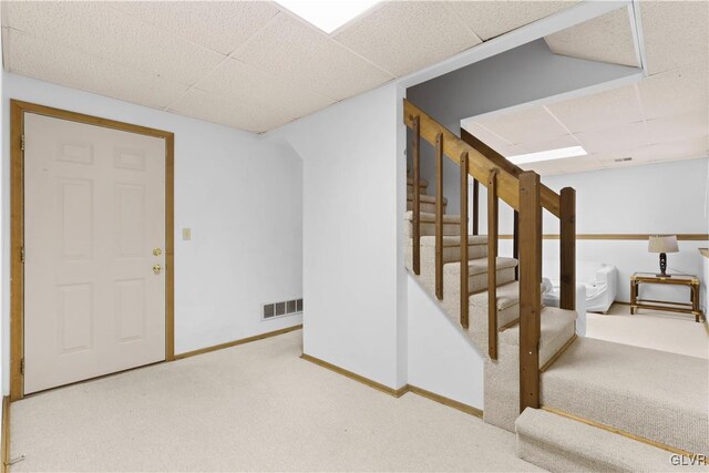 367 Saunders Dr, Lehman Twp, PA 18324 - finished basement with visible vents, carpet, baseboards, stairway, and a drop ceiling