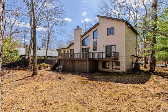 367 Saunders Dr, Lehman Twp, PA 18324 - back of house featuring stairs, a chimney, a wooden deck, fence, and central AC