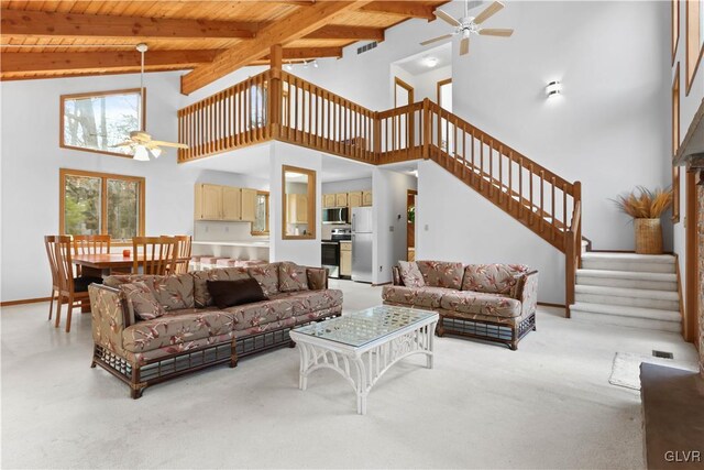 367 Saunders Dr, Lehman Twp, PA 18324 - living room with wooden ceiling, ceiling fan, and stairway