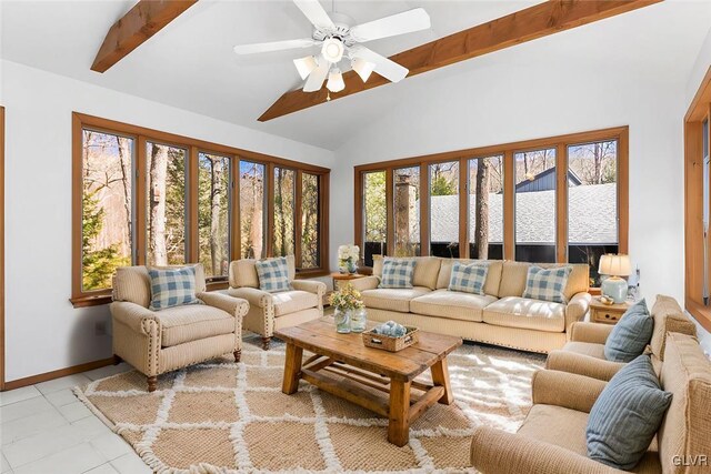 367 Saunders Dr, Lehman Twp, PA 18324 - living room with baseboards, lofted ceiling with beams, and ceiling fan