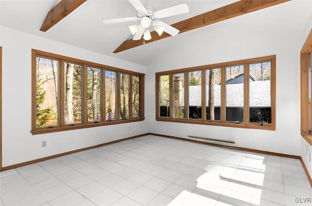 367 Saunders Dr, Lehman Twp, PA 18324 - empty room with lofted ceiling with beams, baseboards, and ceiling fan