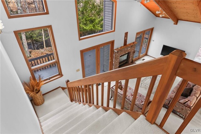 367 Saunders Dr, Lehman Twp, PA 18324 - staircase with wooden ceiling, high vaulted ceiling, and beamed ceiling