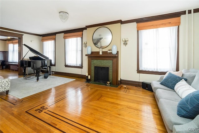 1527 W Turner St, Allentown City, PA 18102 - living area featuring ornamental molding, a brick fireplace, and baseboards