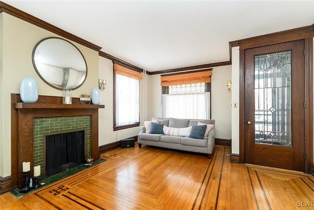 1527 W Turner St, Allentown City, PA 18102 - living area with baseboards, ornamental molding, and a fireplace with flush hearth