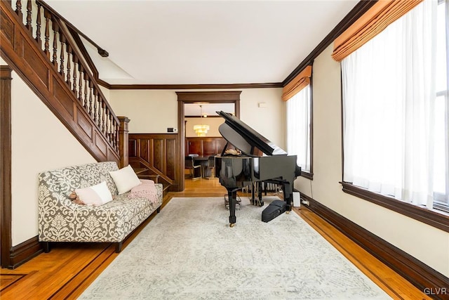 1527 W Turner St, Allentown City, PA 18102 - sitting room featuring stairs, wood finished floors, ornamental molding, and wainscoting