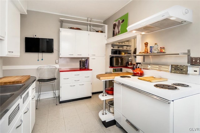 1527 W Turner St, Allentown City, PA 18102 - kitchen featuring under cabinet range hood, white electric range oven, and white cabinetry