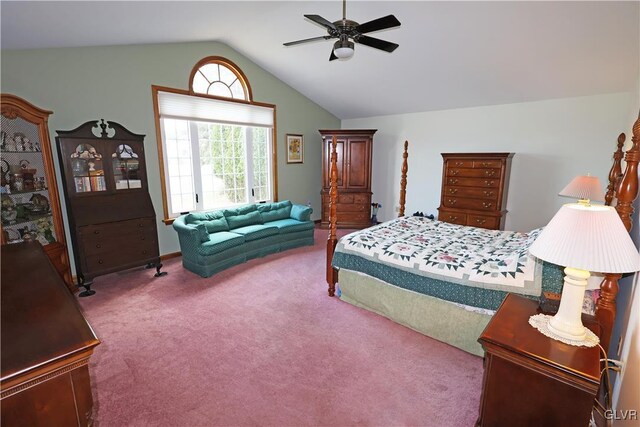 bedroom featuring lofted ceiling, a ceiling fan, and carpet floors