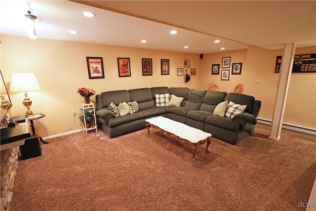 carpeted living room with recessed lighting, baseboard heating, and baseboards