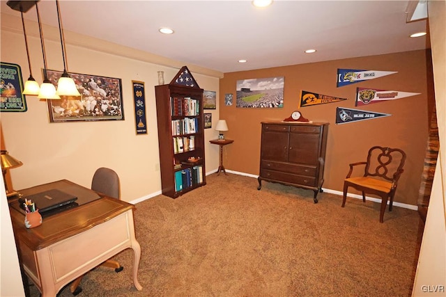 office area with carpet flooring, baseboards, and recessed lighting