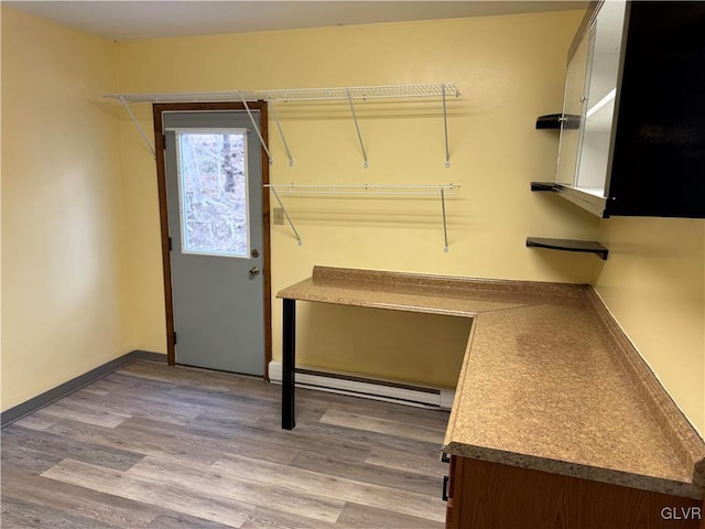 interior space with a baseboard radiator and wood finished floors