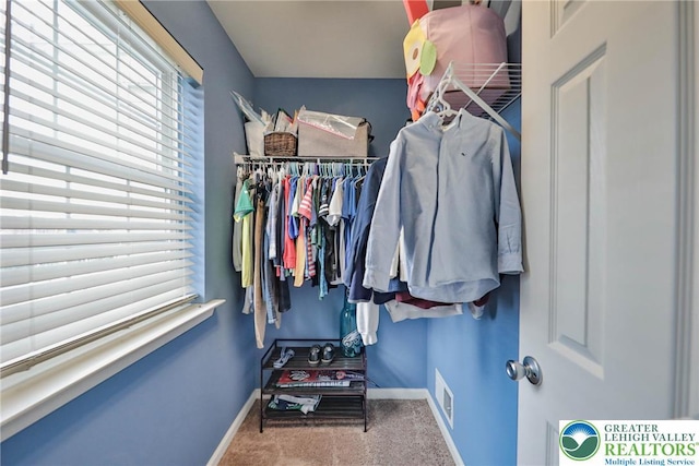 spacious closet with visible vents and carpet
