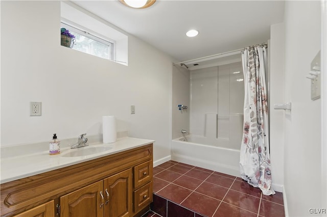 221 Franklin St, Alburtis Borough, PA 18011 - full bathroom featuring tile patterned flooring, shower / bathtub combination with curtain, vanity, and baseboards