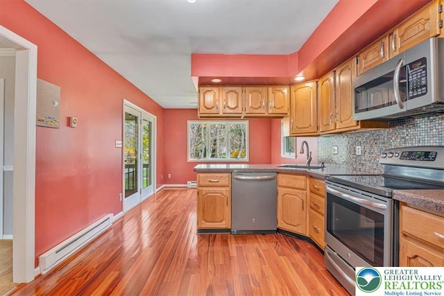 kitchen featuring tasteful backsplash, appliances with stainless steel finishes, a sink, a baseboard radiator, and light wood finished floors