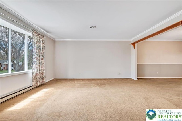 carpeted empty room featuring ornamental molding, visible vents, baseboards, and baseboard heating
