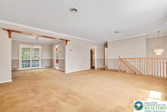 unfurnished room featuring crown molding, light colored carpet, visible vents, a chandelier, and baseboards