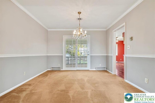 unfurnished dining area with baseboards, a baseboard heating unit, a chandelier, carpet flooring, and crown molding