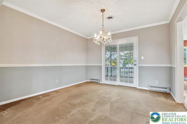 unfurnished room featuring baseboard heating, ornamental molding, a chandelier, visible vents, and a baseboard radiator